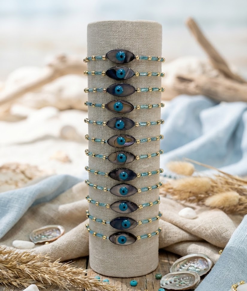 Toptan Halhal & Bileklik – Altın Detaylı Siyah Boncuklu Nazar (12’li)