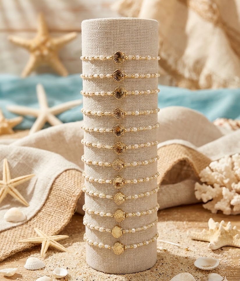 Toptan Halhal & Bileklik – İncili Altın Deniz Kabuğu Figürlü (12’li)