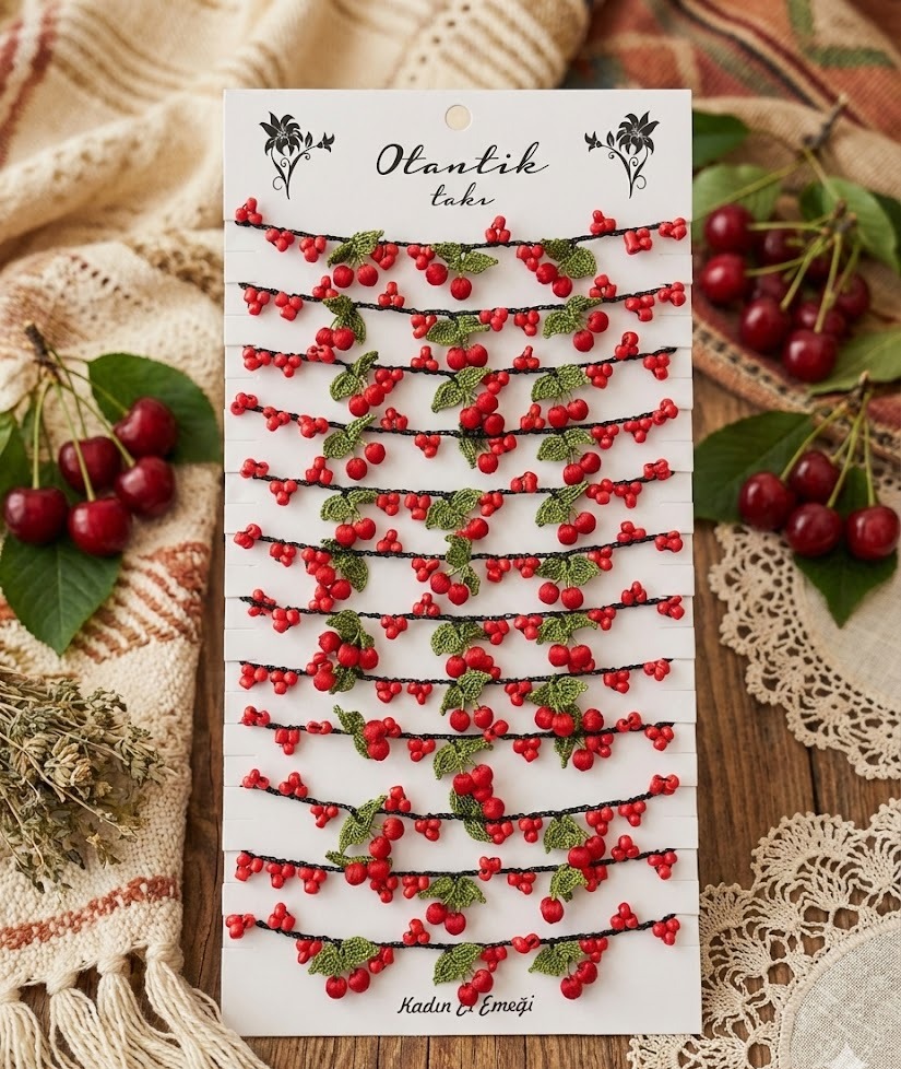 Kırmızı Kiraz Oyalı Otantik Halhal & Bileklik (12'li)