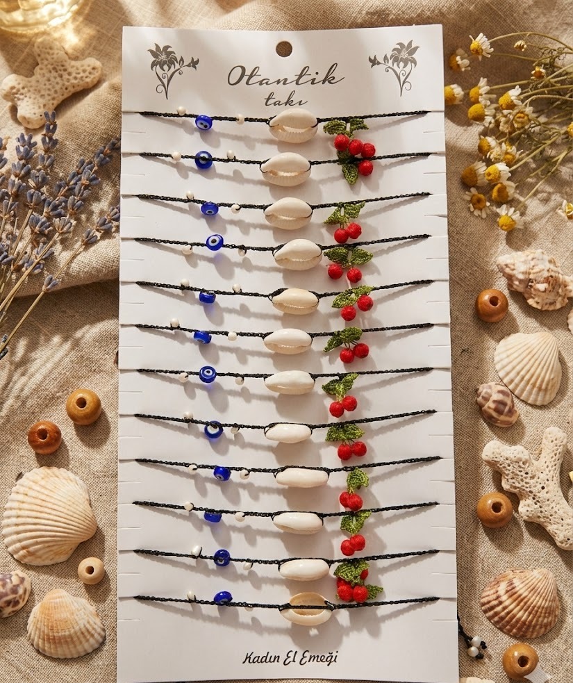 Kırmızı Kiraz Oyalı Deniz Kabuklu Otantik Halhal & Bileklik (12'li)