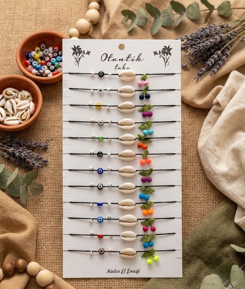 Renkli Kiraz Oyalı Deniz Kabuklu Otantik Halhal & Bileklik (12'li)